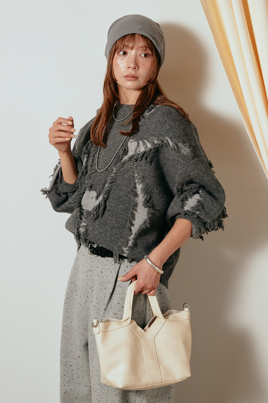 [SET]シャギージャガードニットトップス+ベルト付きネップツイードカーブパンツ(2set)