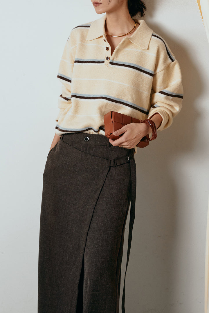 [SET]襟付きマルチボーダーニットポロトップス+ラップ巻きワイドスラックス(2set)