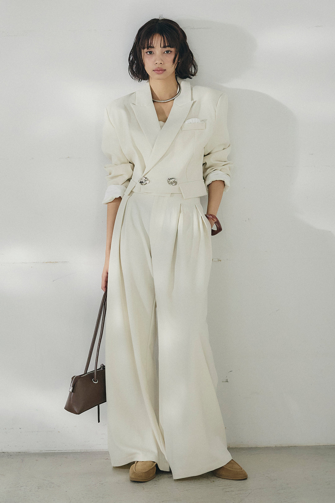 [SET]メタルプレートショート丈ジャケット+メタルプレートタックワイドパンツ(2set)