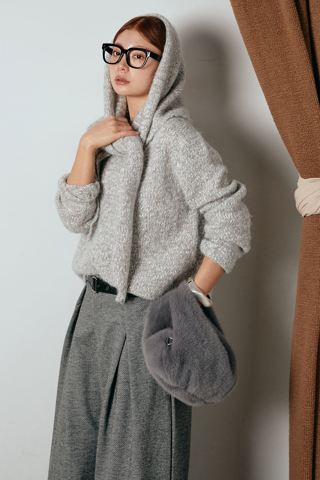 [SET]スカーフ付きミックスニットトップス+細ベルト付き起毛タックワイドパンツ(2set)