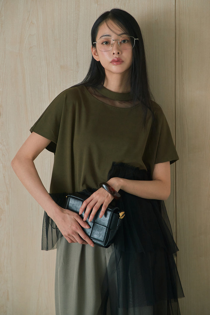 [SET]アシンメトリーチュールフリルTシャツ+ウエストデザインタックワイドパンツ(2set)