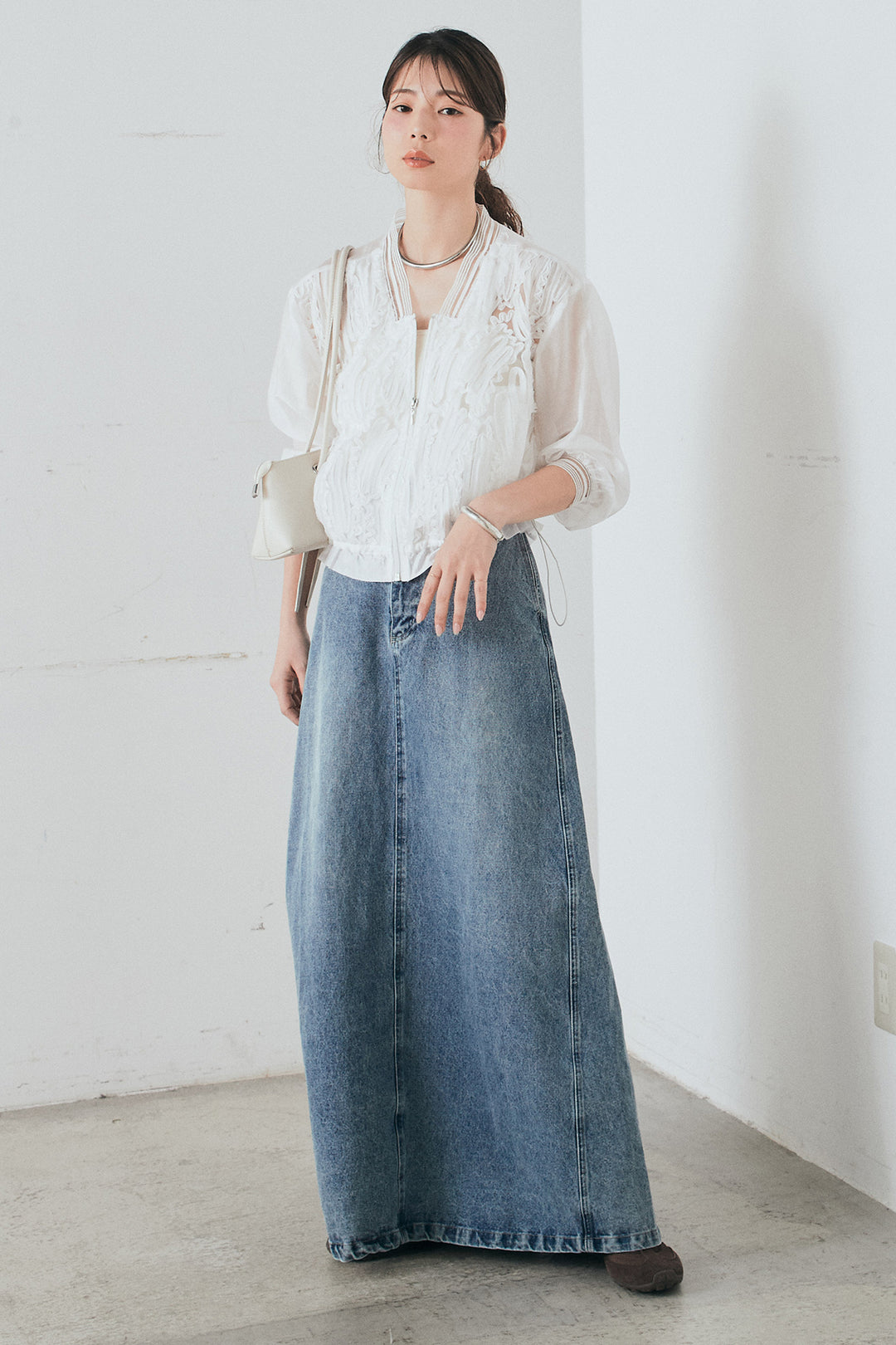 [SET]モチーフ付きシアーブルゾン+デニムロングフレアスカート(2set)