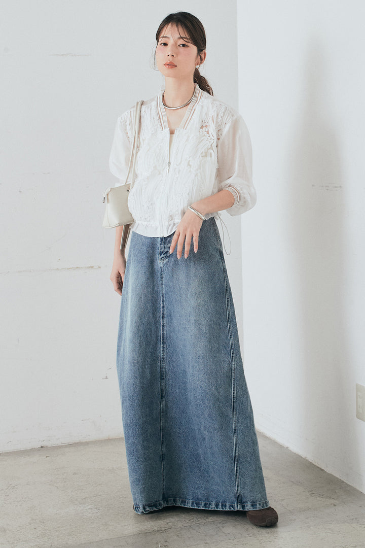 [SET]モチーフ付きシアーブルゾン+デニムロングフレアスカート(2set)