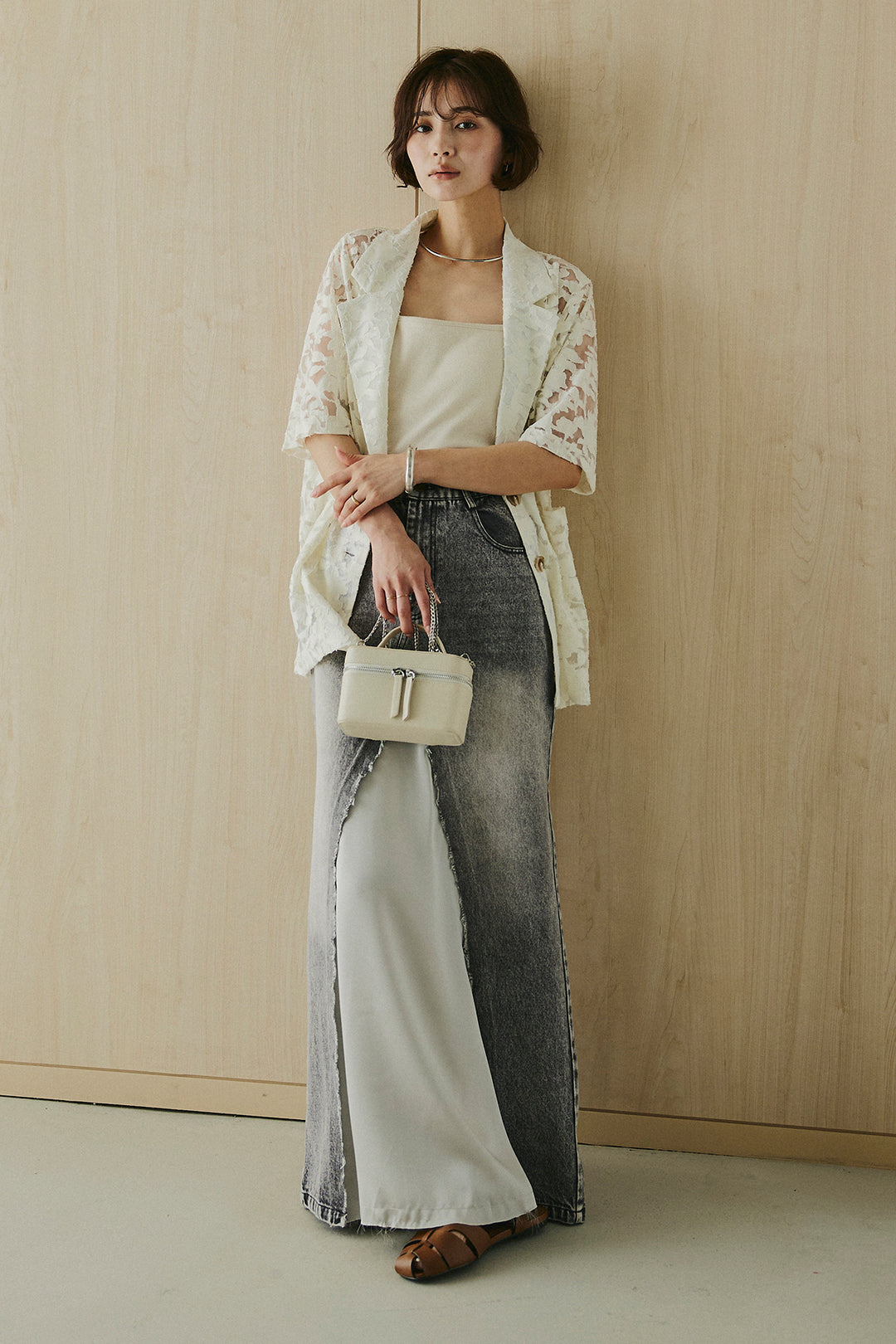 [SET]シアージャガードハーフスリーブテーラードジャケット+サテン切り替えデニムスカート(2set)