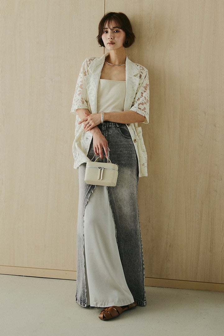 [SET]シアージャガードハーフスリーブテーラードジャケット+サテン切り替えデニムスカート(2set)