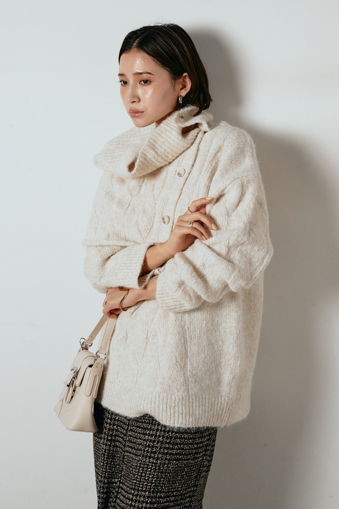 [SET]ケープデザインケーブルニットトップス+グレンチェック柄フロントジップタイトスカート(2set)