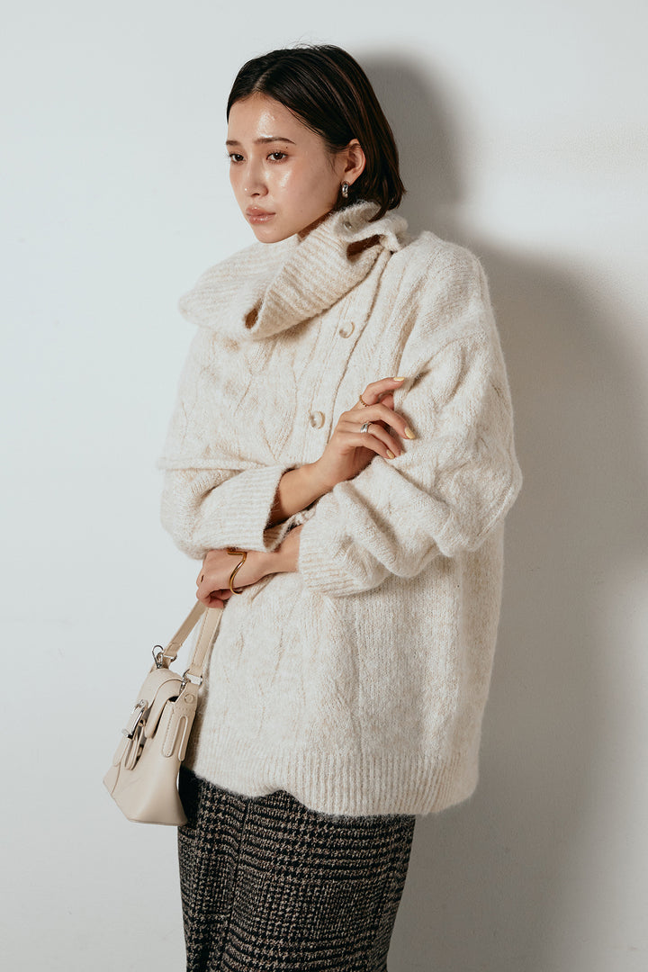 [SET]ケープデザインケーブルニットトップス+グレンチェック柄フロントジップタイトスカート(2set)