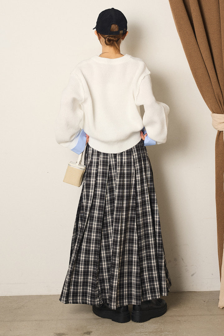 [SET]シャツドッキングニットカーディガン+ベルト付きタータンチェックプリーツスカート(2set)