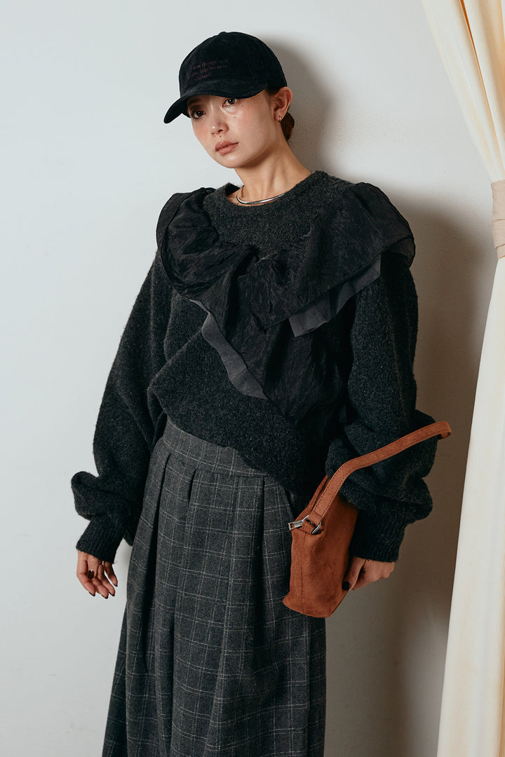 [SET]アシンメトリーフリルニットトップス+ウールライクチェックタックパンツ(2set)