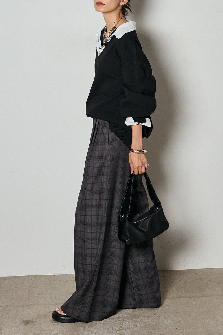 【即納】タック入りタータンチェックワイドパンツ