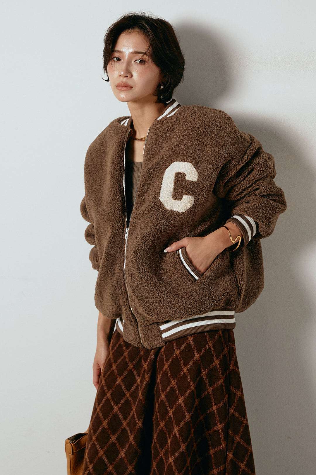 [SET]ロゴスタジャンボアブルゾン+フロッキー起毛チェックスカート(2set)