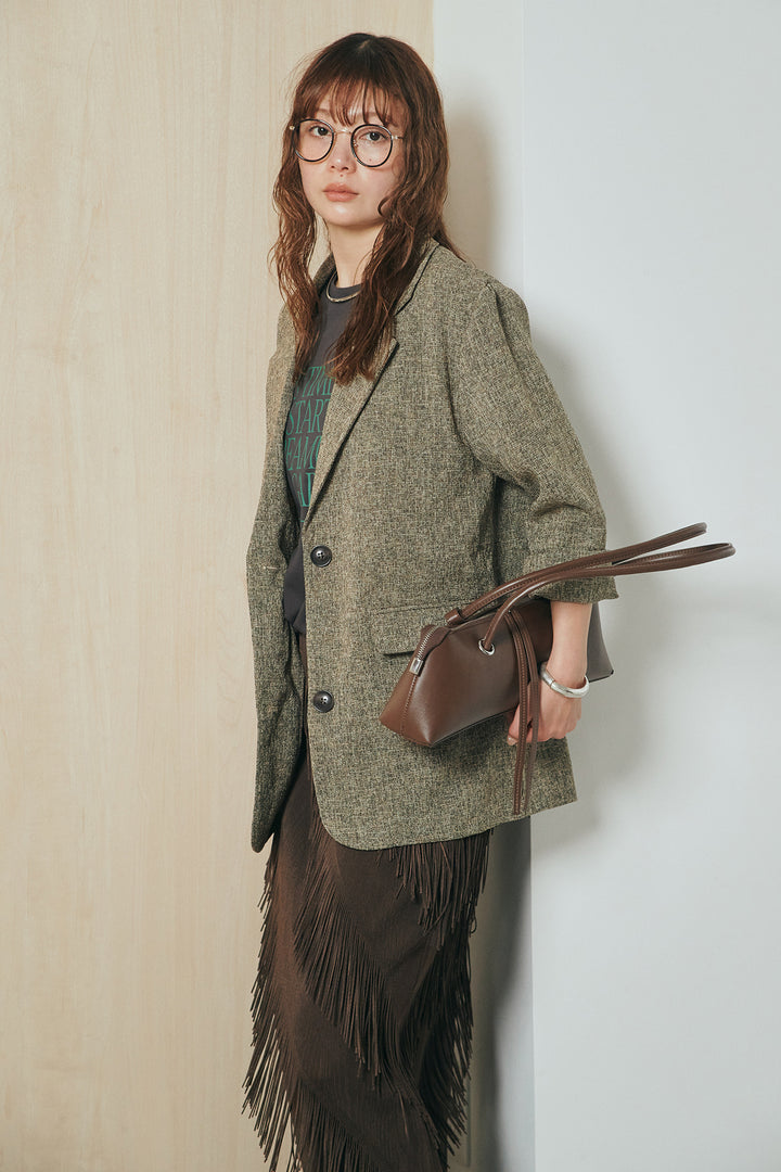 [SET]ミックスツイードベルト付きジャケット+斜めフリンジデザインスカート(2set)