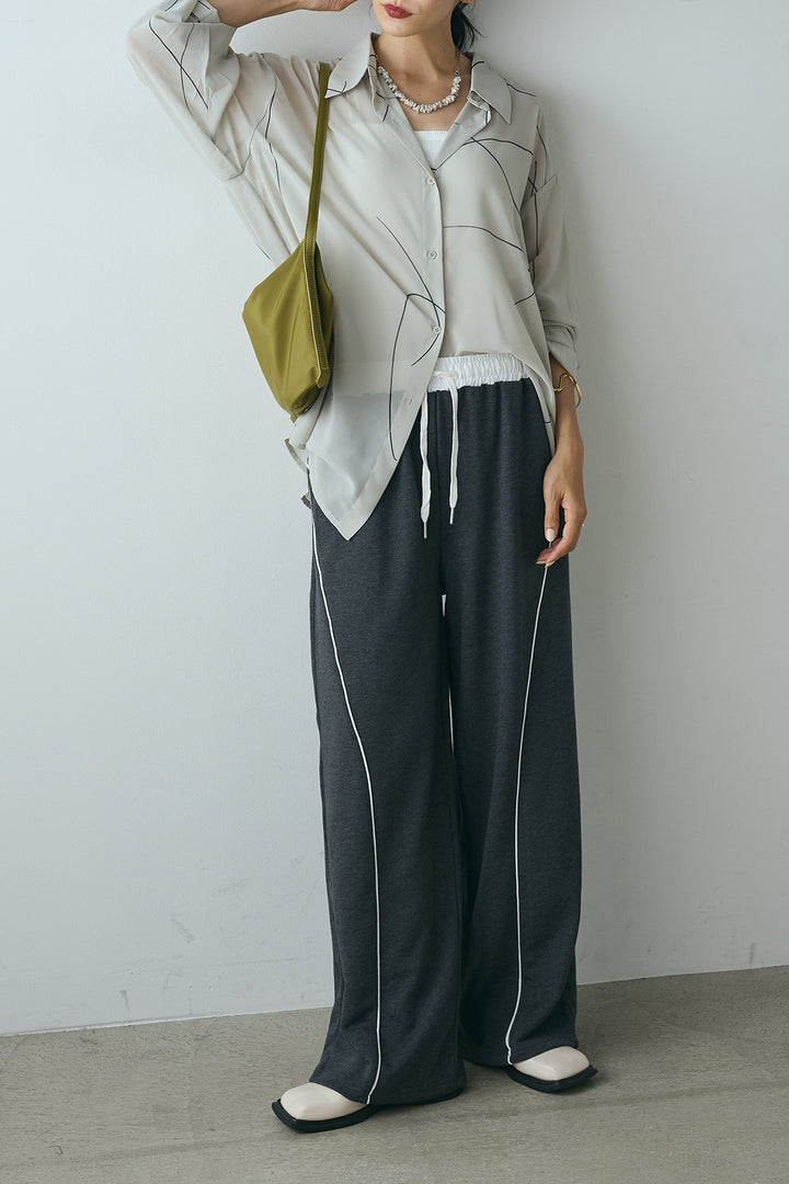 [SET]ニュアンスライン柄シアーシャツ+裏毛カーブラインワイドパンツ(2set)