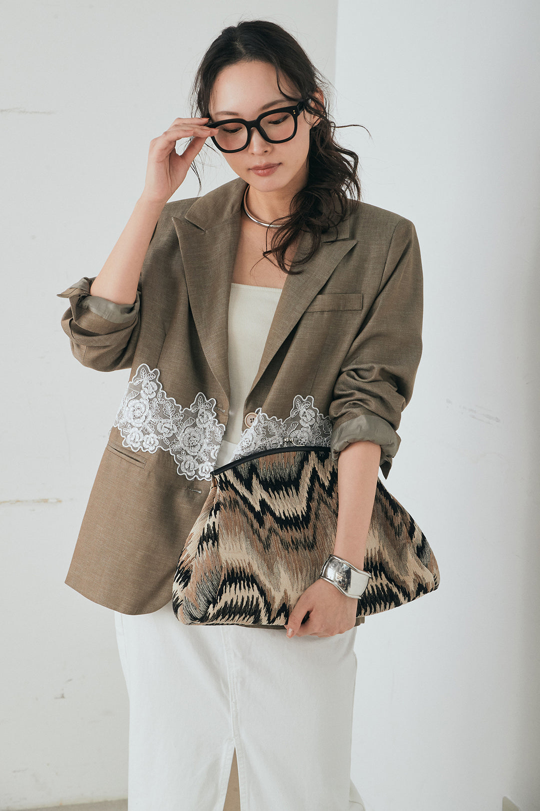 [SET]リネンタッチレースデザインジャケット+裾レースデザインデニムスカート(2set)