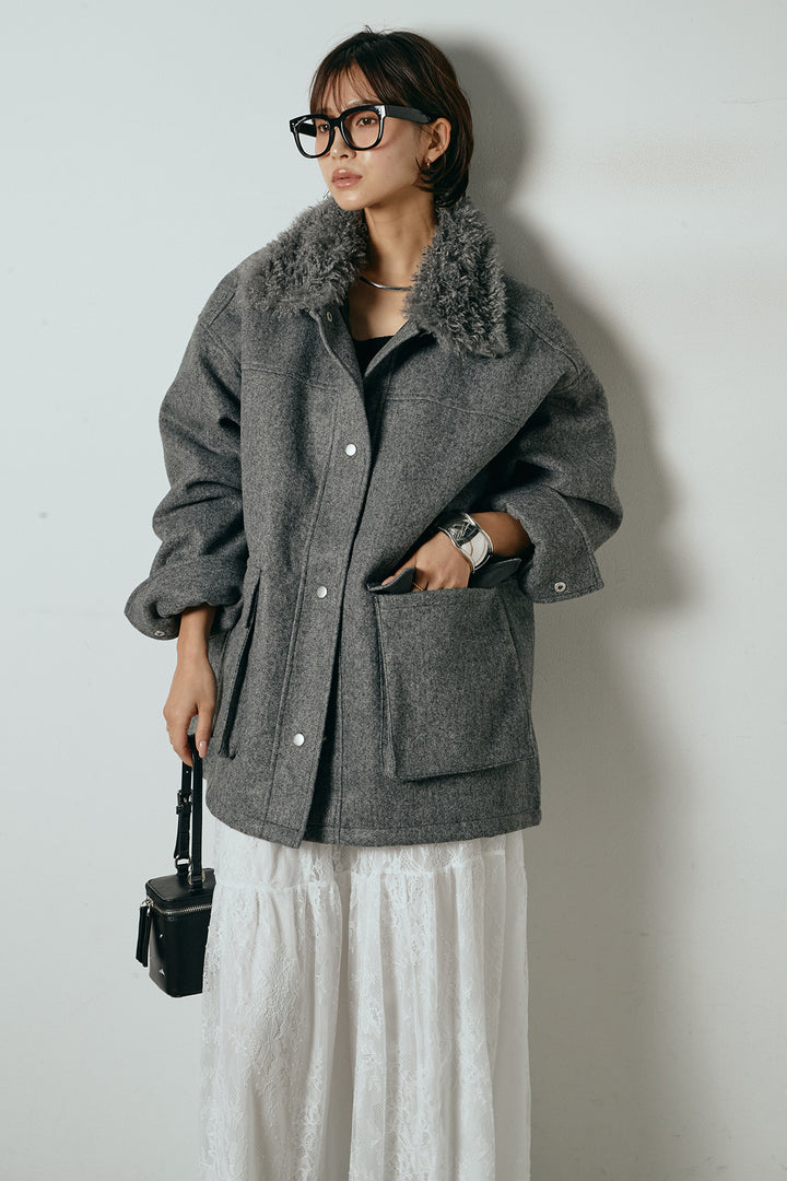 [SET]エコウール衿ファー薄中綿入りミドルカバーオール+ひげレース切替ロング丈スカート(2set)