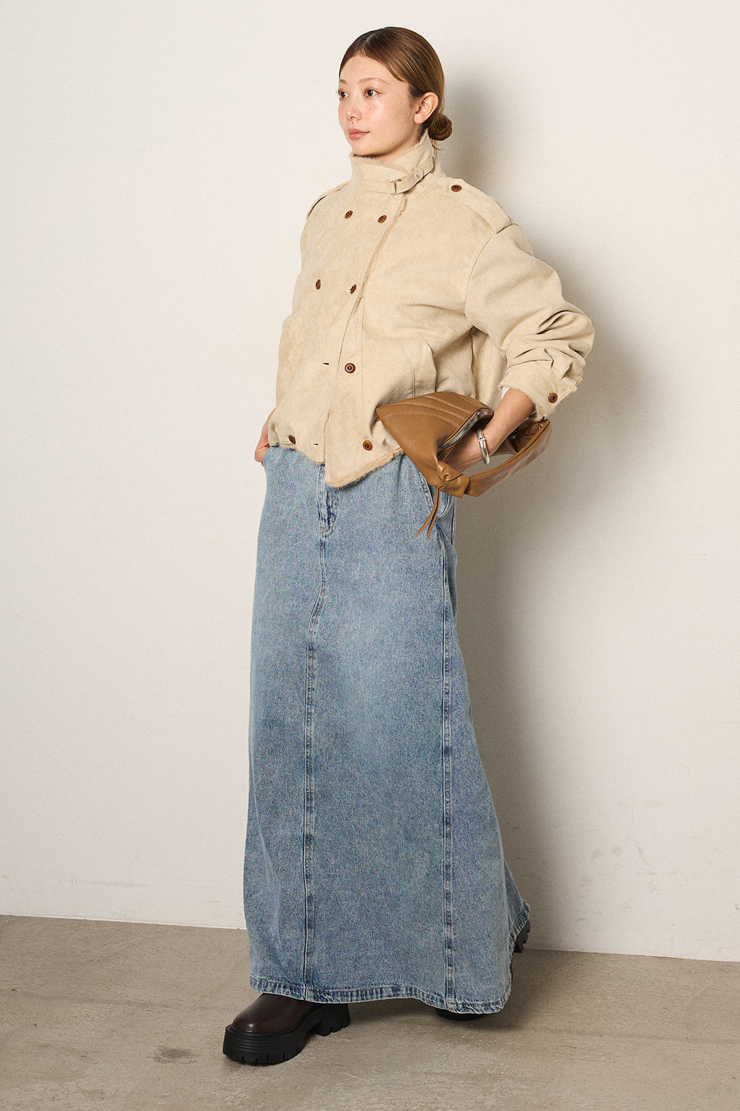 [SET]スタンド襟スウェードライクアウター+デニムロングフレアスカート(2set)