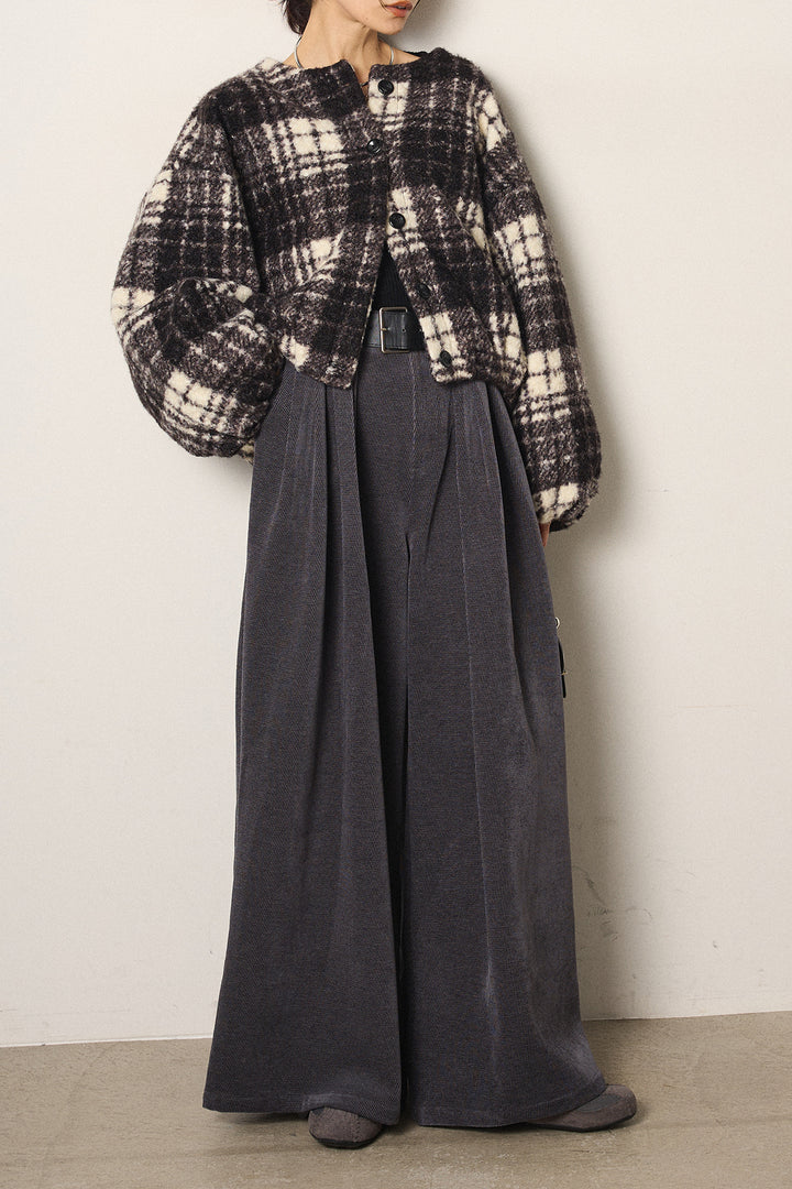 [SET]ノーカラーチェック柄ボアブルゾン+ベルトループコーデュロイワイドパンツ(2set)