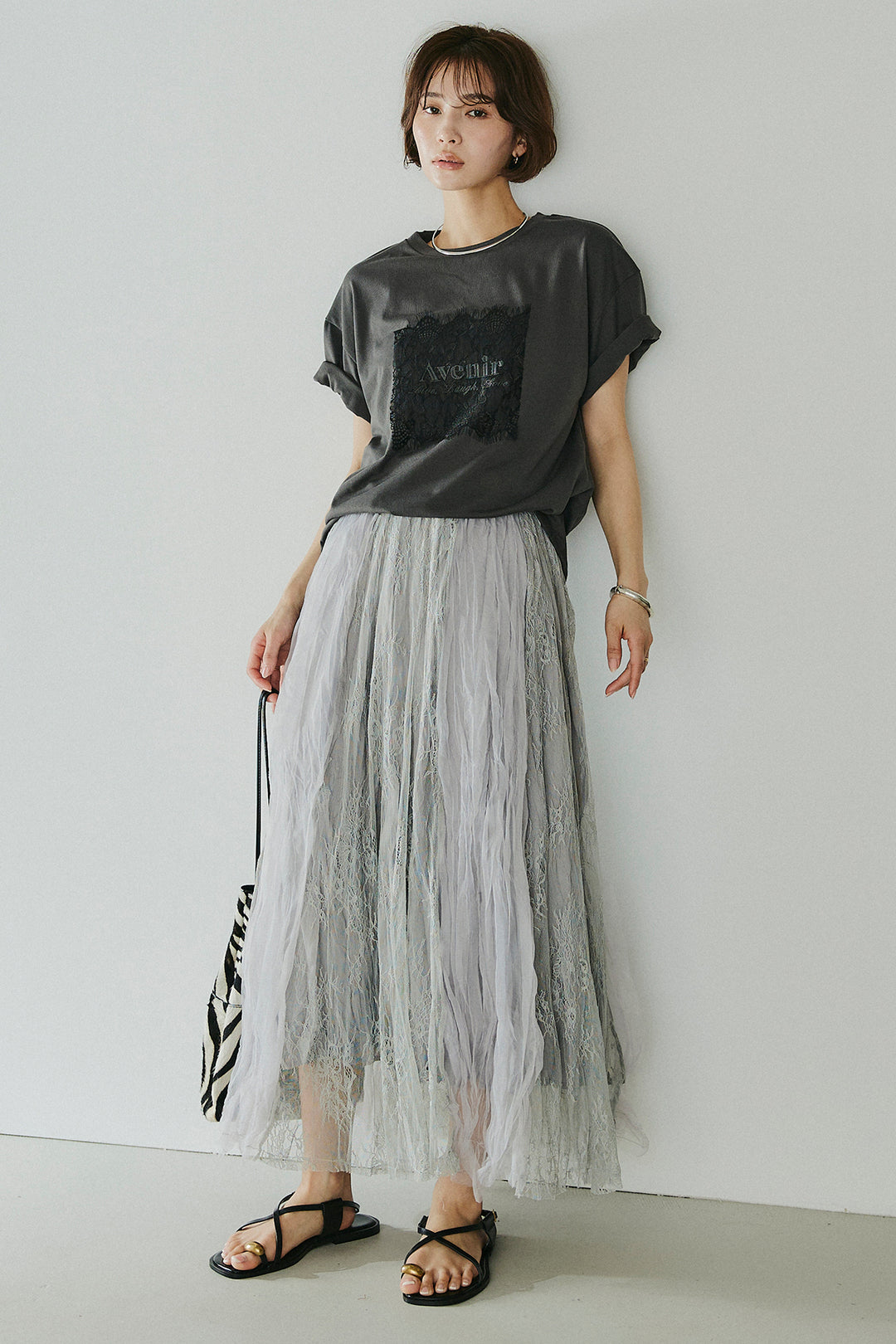 [SET]レースロゴ刺繍Tシャツ+レースコンビワッシャーギャザースカート(2set)