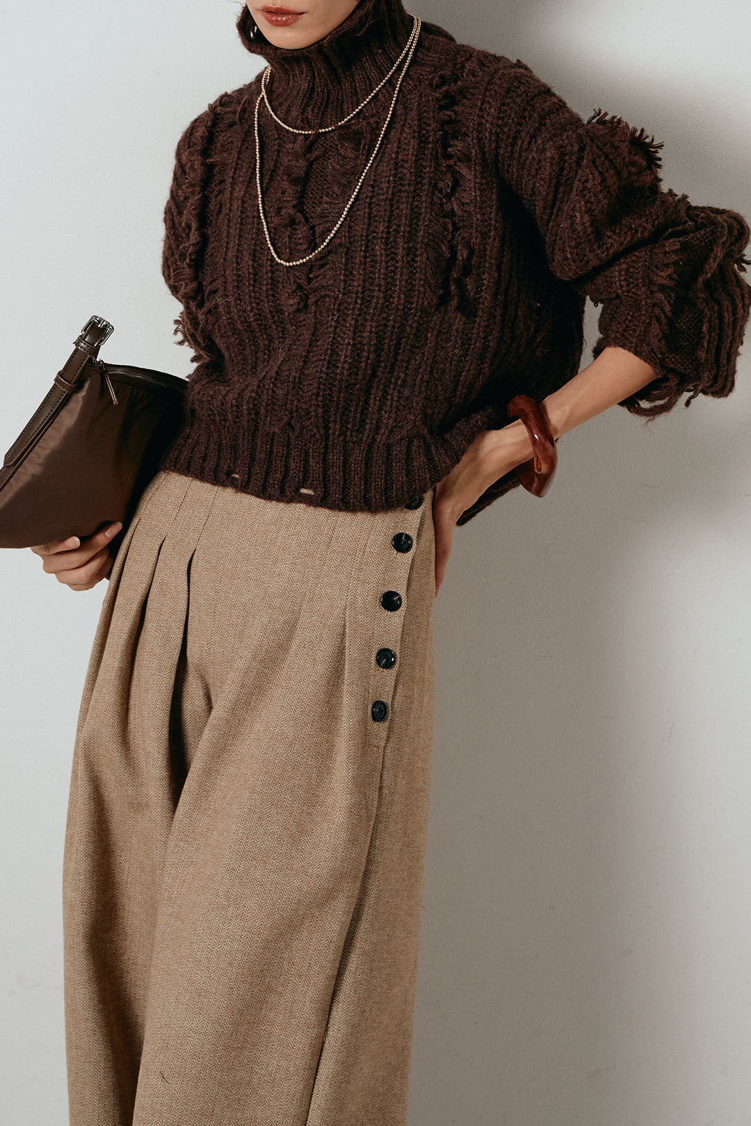 [SET]フリンジタートルショートニット+サイドボタンツイードタックパンツ(2set)