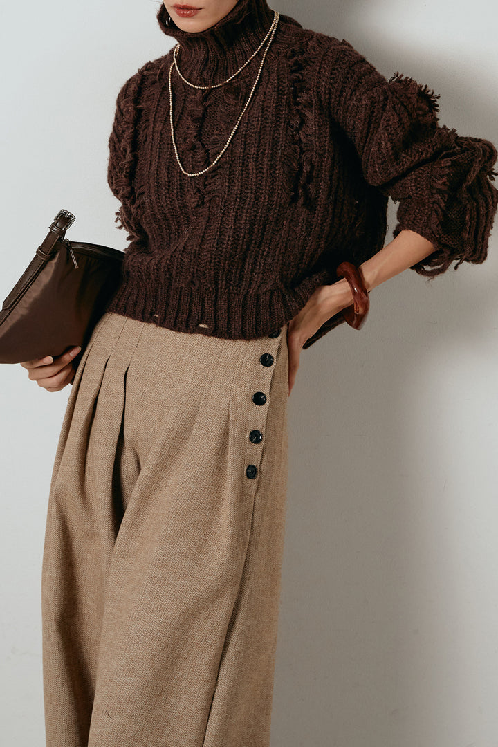 [SET]フリンジタートルショートニット+サイドボタンツイードタックパンツ(2set)