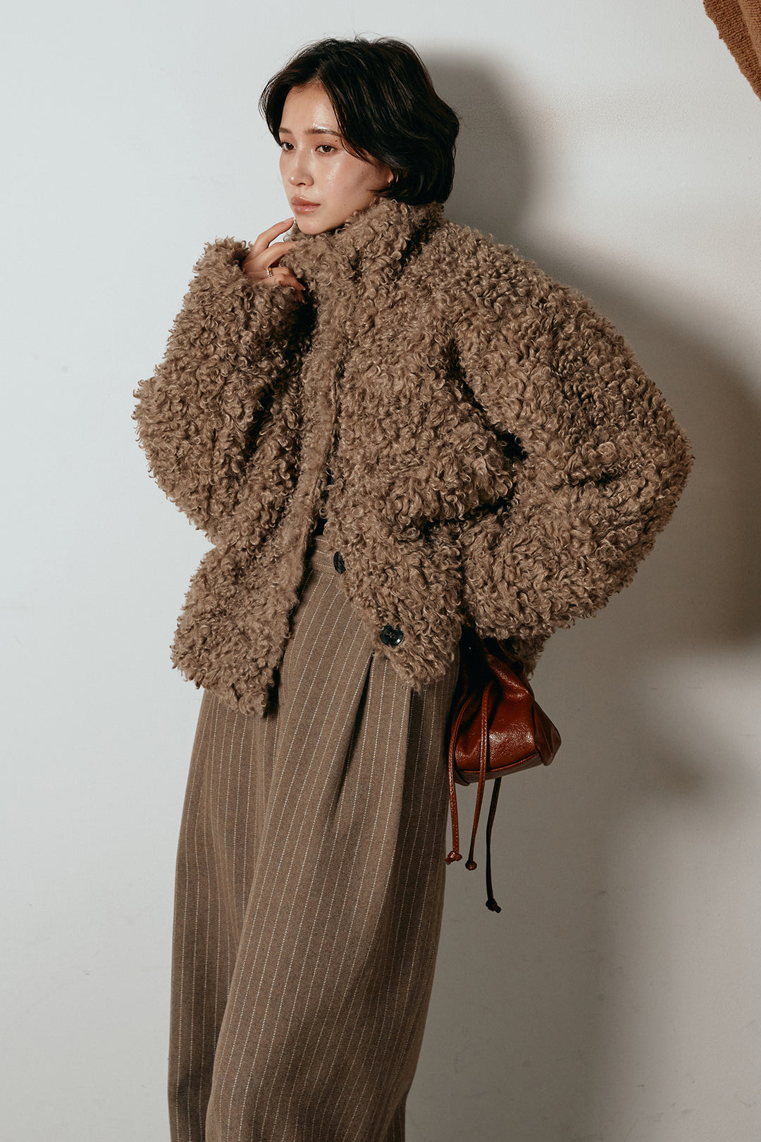 [SET]プードルファーミドルジャケット+ウールライクストライプパンツ(2set)