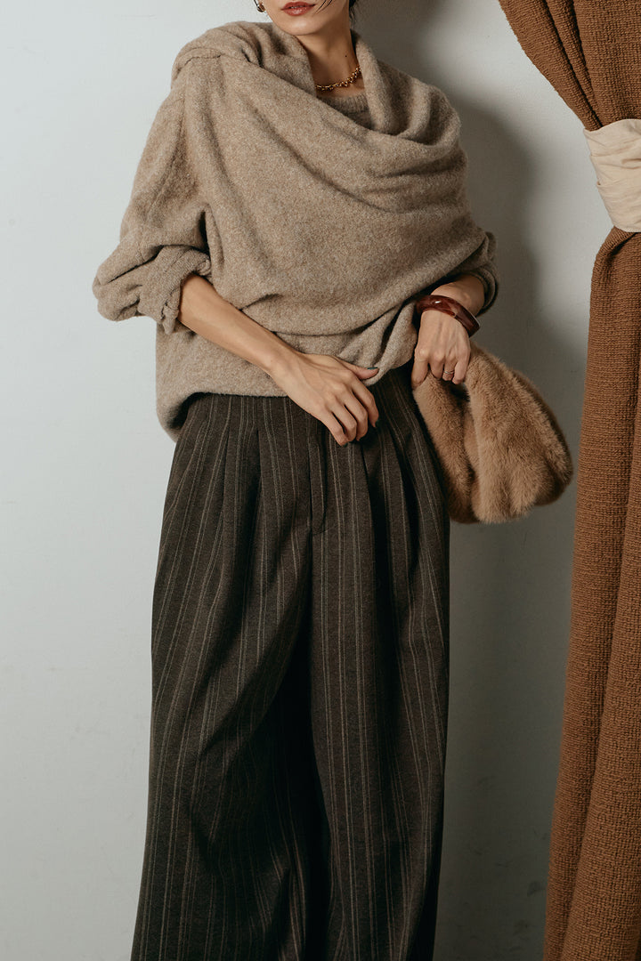 [SET]ネック巻きデザインニットトップス+タック入りマルチストライプ柄ワイドパンツ(2set)