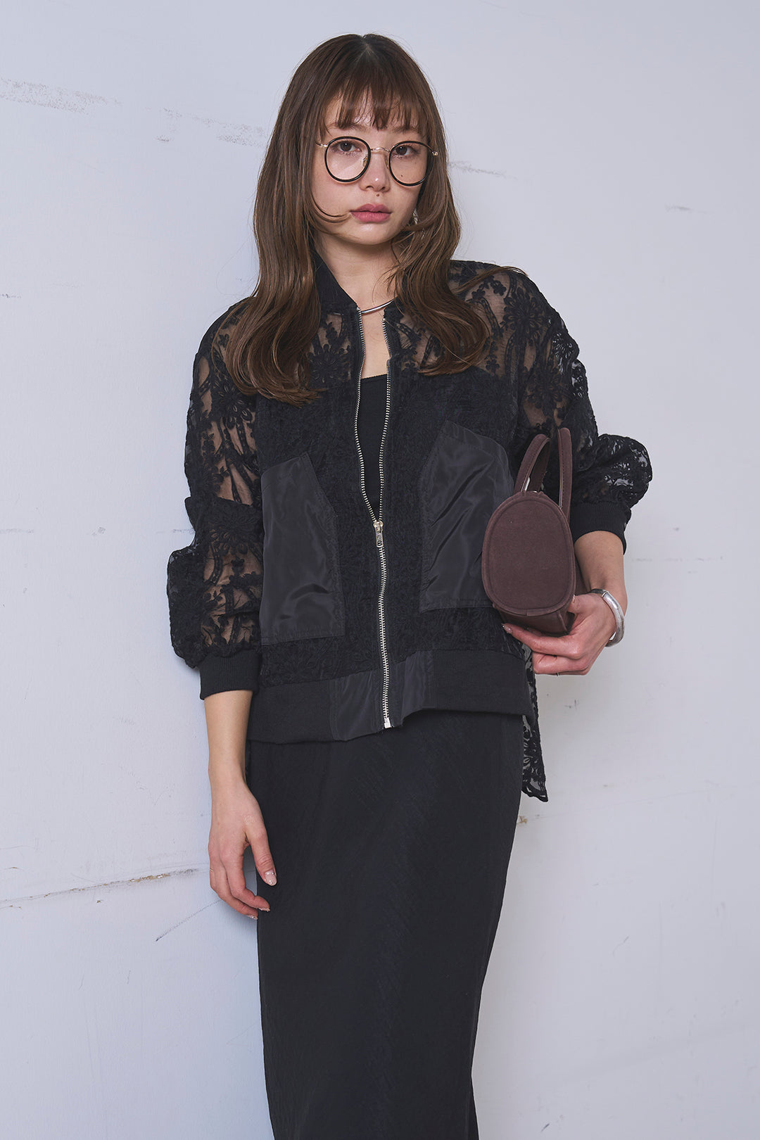 [SET]ノーカラーレースブルゾン+リネンブレンドロングナロースカート(2set)