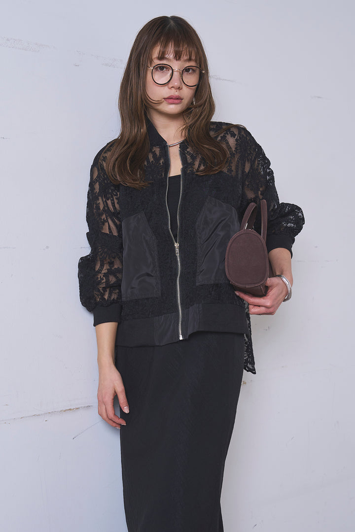 [SET]ノーカラーレースブルゾン+リネンブレンドロングナロースカート(2set)