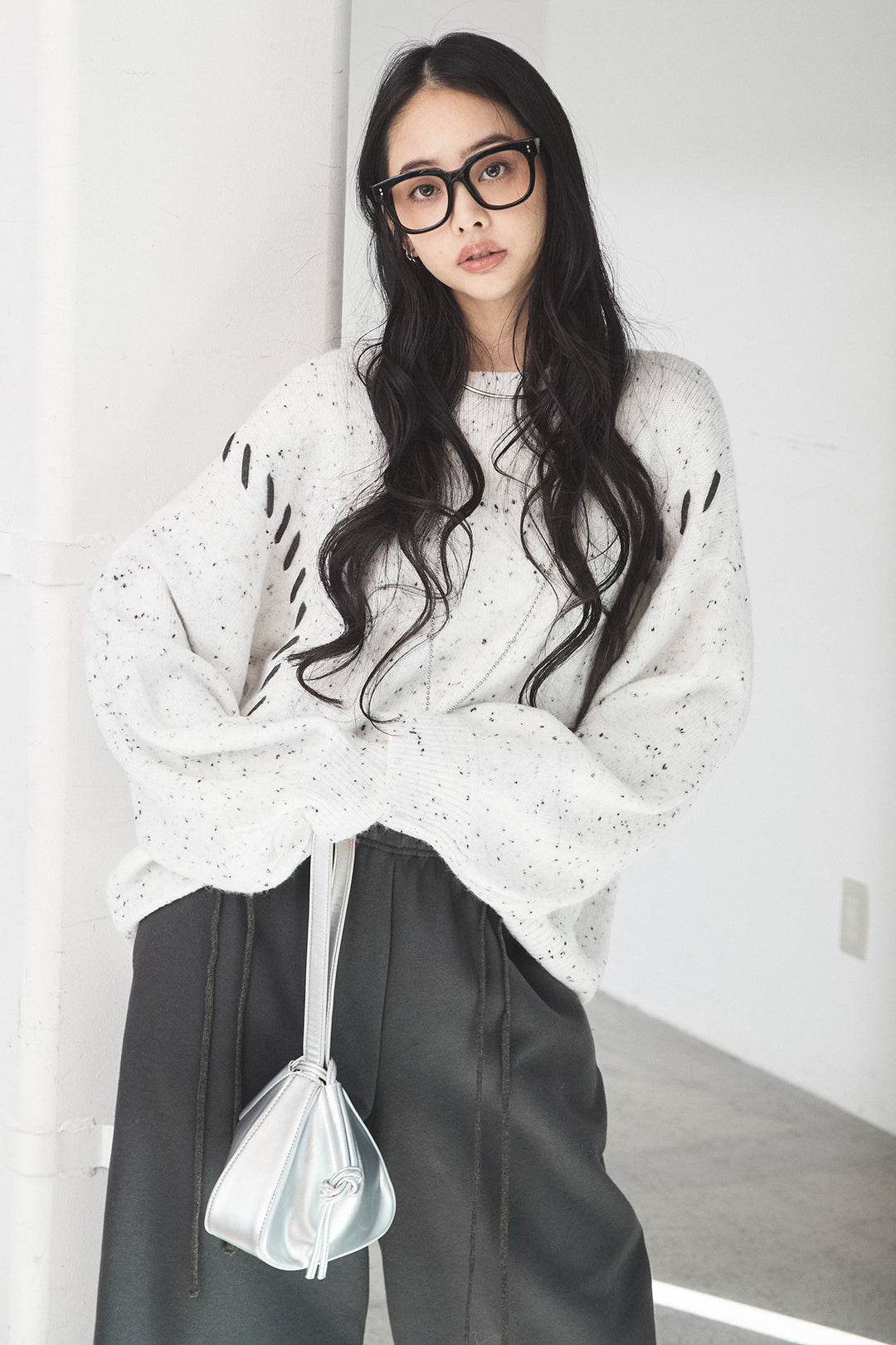 [SET]ネップ編み上げニットトップス+裏起毛スウェットワイドパンツ(2set)