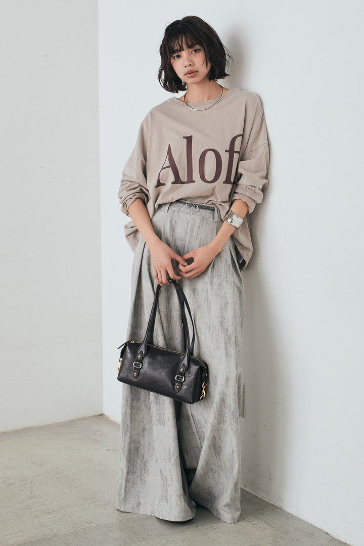 [SET]裾センタードロストロゴプリントワイドTシャツ+紐ベルト付きかすれ柄ワイドスラックス(2set)