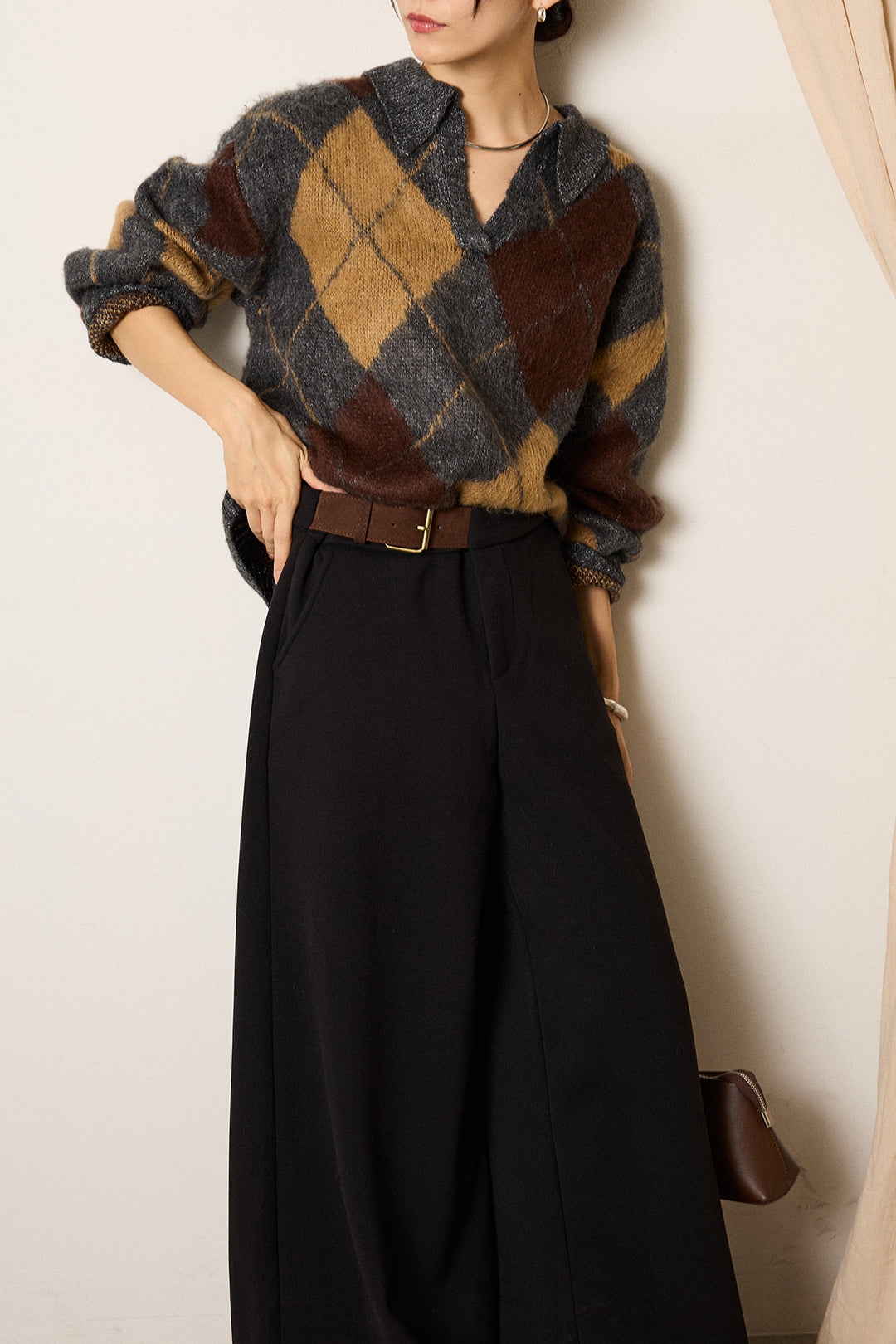 [SET]アクリルモヘアアーガイルキーネックプルオーバー+サイドベルトパンツ(2set)