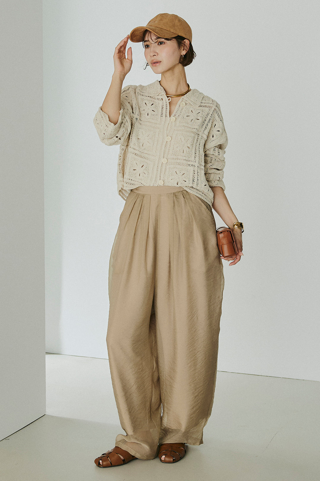 [SET]鍵編みフラワーレースカーディガン+オーガンジータックパンツ(2set)