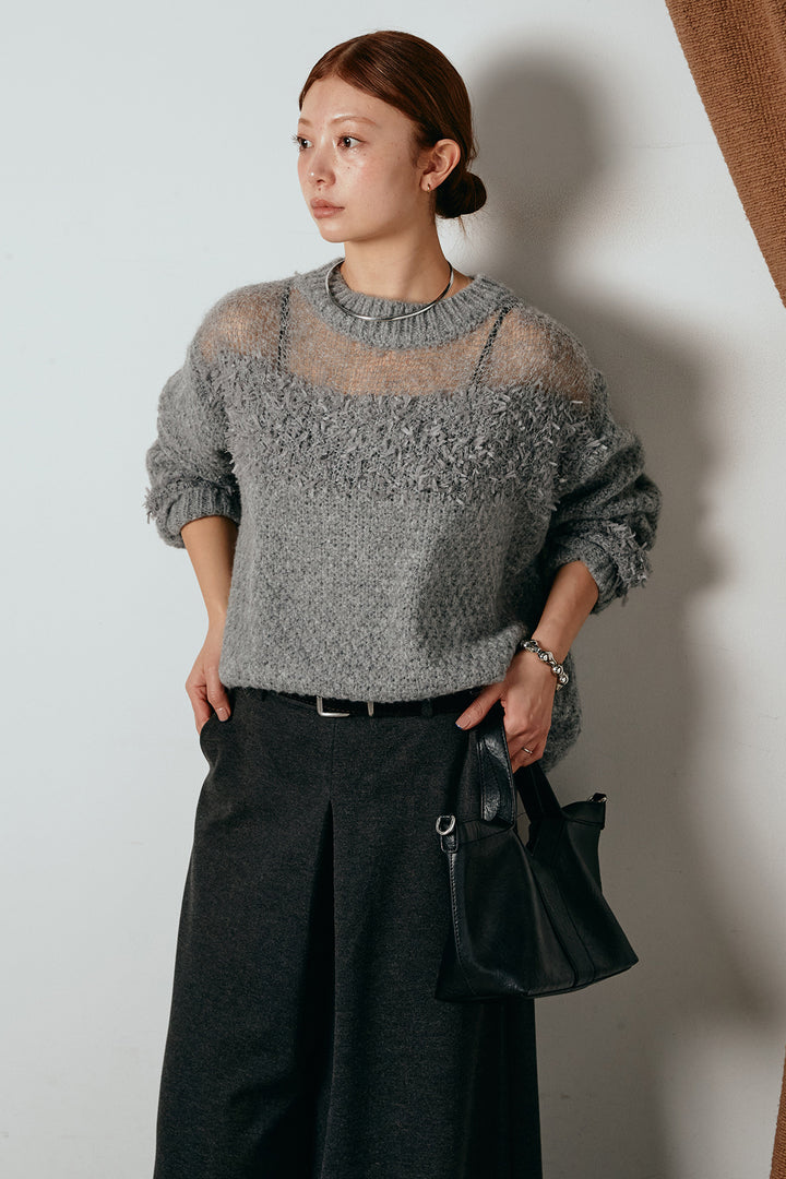 [SET]パターンランダム編みニットトップス+ベルト付きフロントタックデザインパンツ(2set)