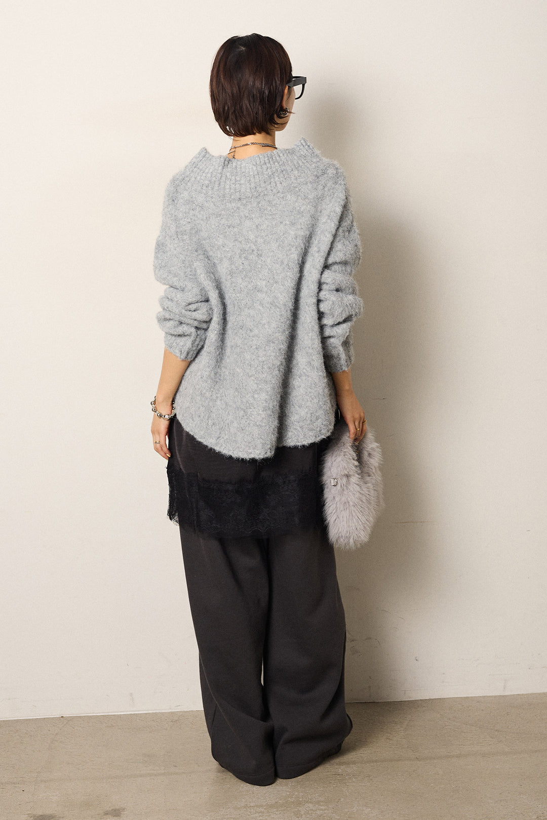 [SET]アルパカタッチオフショルニット+裏起毛スウェットワイドパンツ(2set)