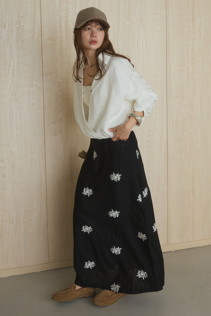 [SET]麻混襟付きトップス+レースコンビフラワー刺繍柄スカート(2set)