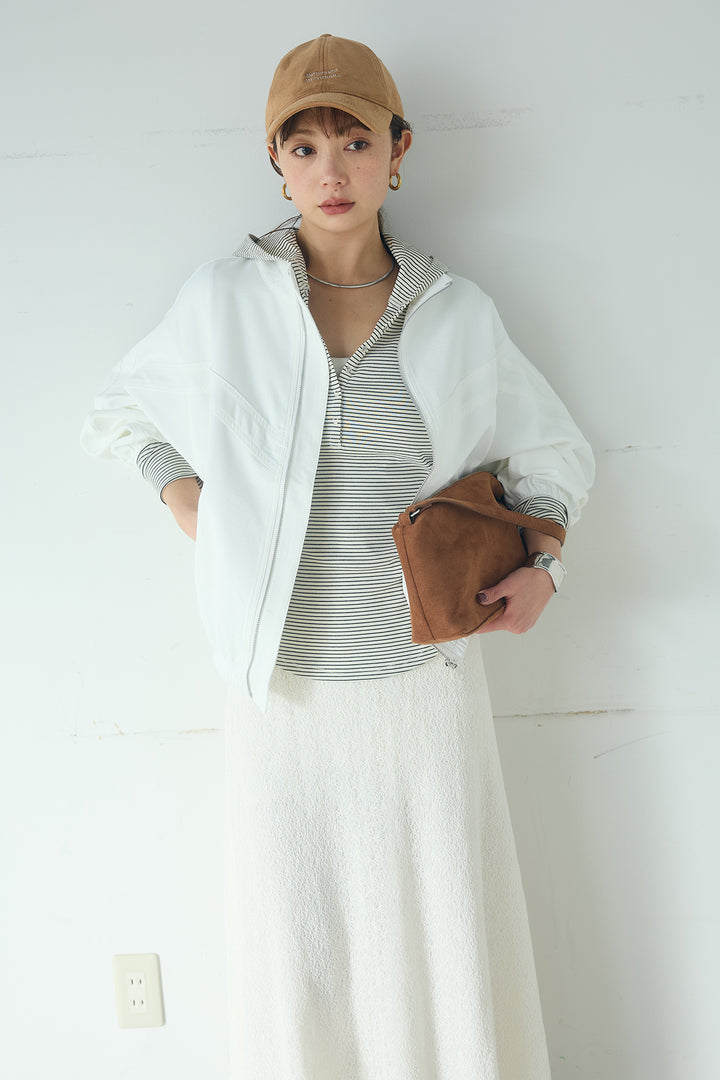 [SET]マルチ切り替えドルマンブルゾン+メッシュ刺繍ロングスカート+ボーダーフーディーロンT(3set)