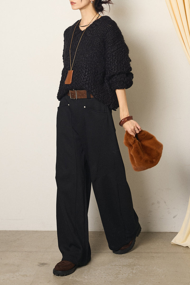 [SET]Vネックハンド編みニットトップス+太ベルト付きスウェットワイドカーブパンツ(2set)