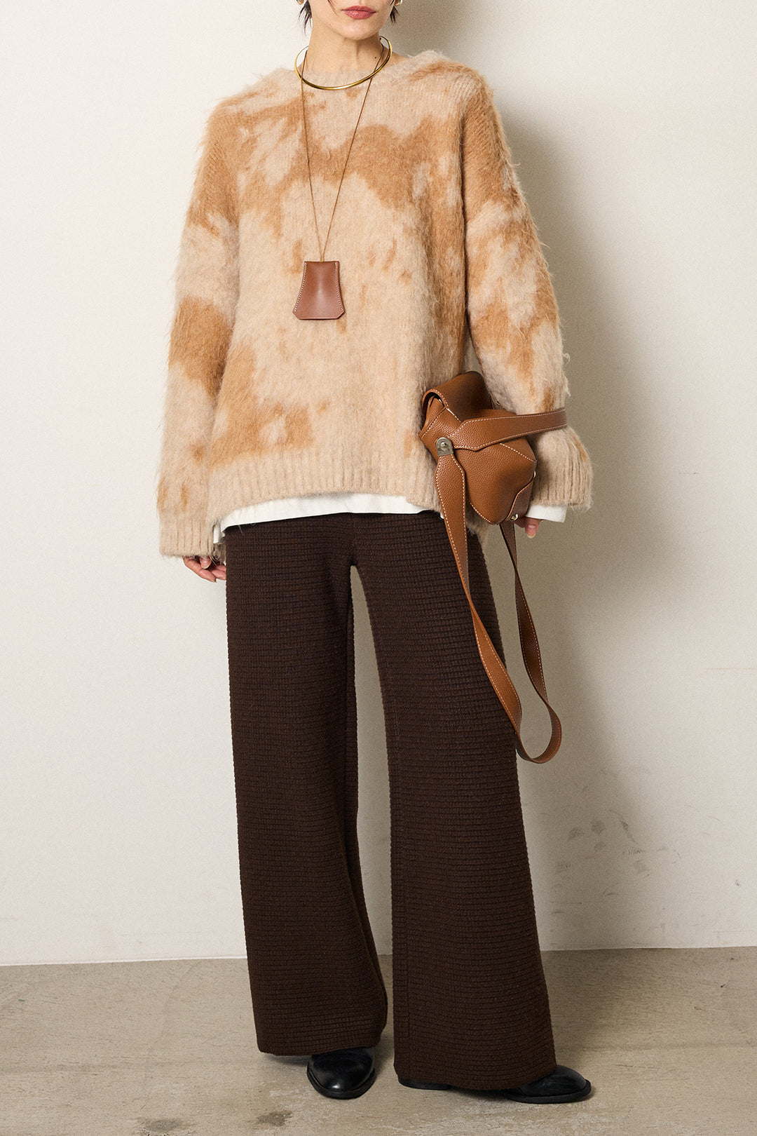 [SET]モヘアタッチマーブルニット+ワイドリブニットイージーパンツ(2set)