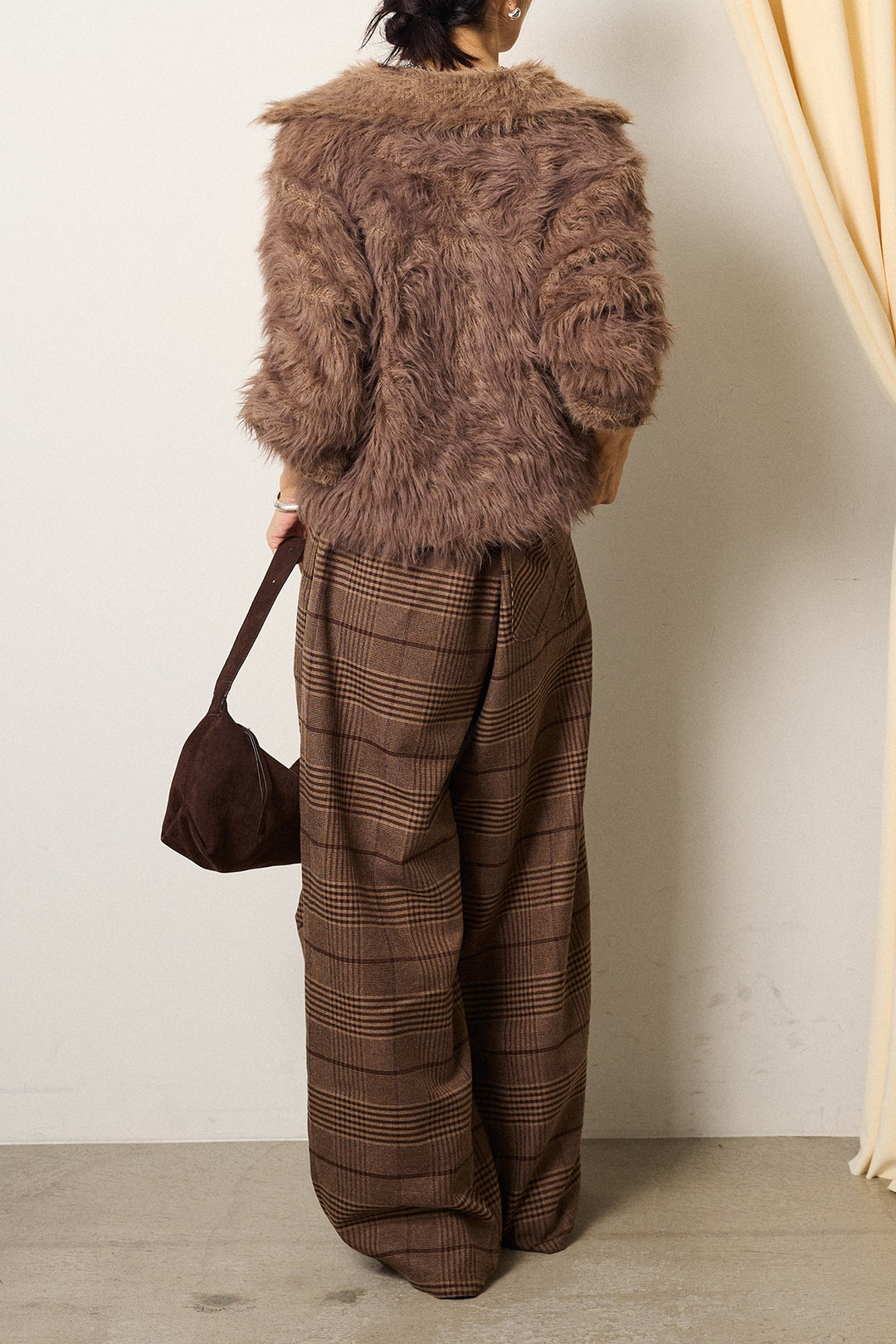 [SET]襟付きシャギーニットカーディガン+グレンチェックルーズタックパンツ(2set)