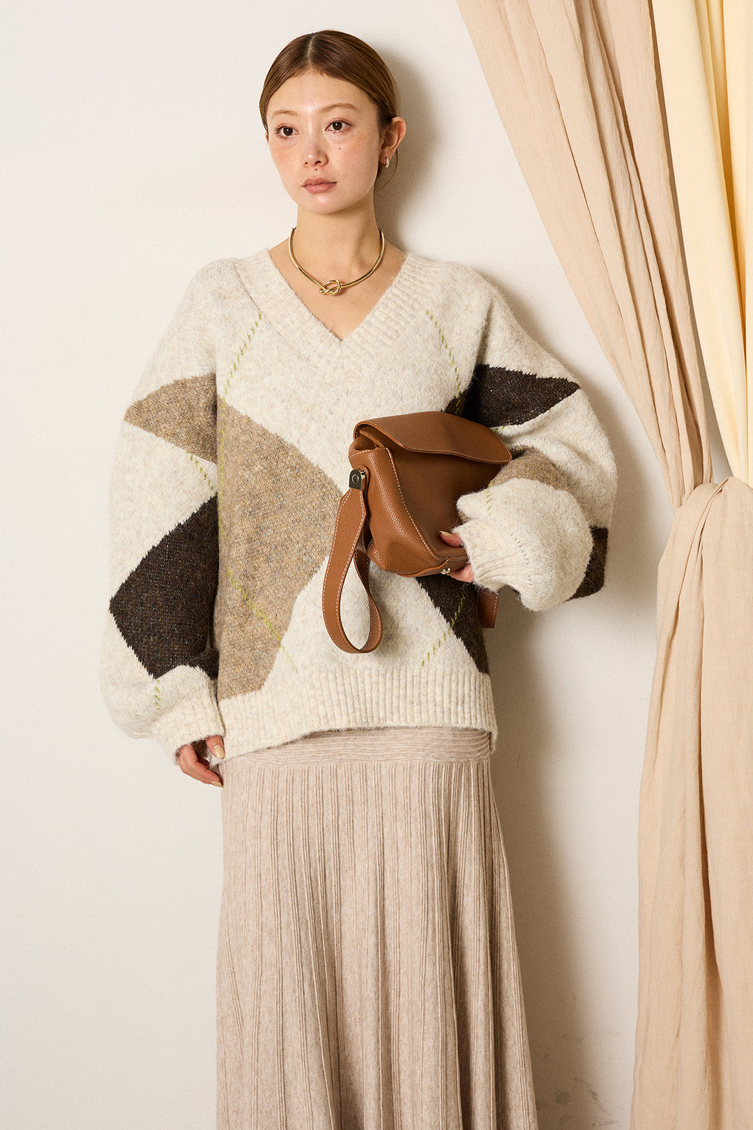 【着回しセット】[SET]ルーズアーガイルVネックニット+編み地切り替えフレアニットスカート+編み地切り替えフレアニットスカート(3set)