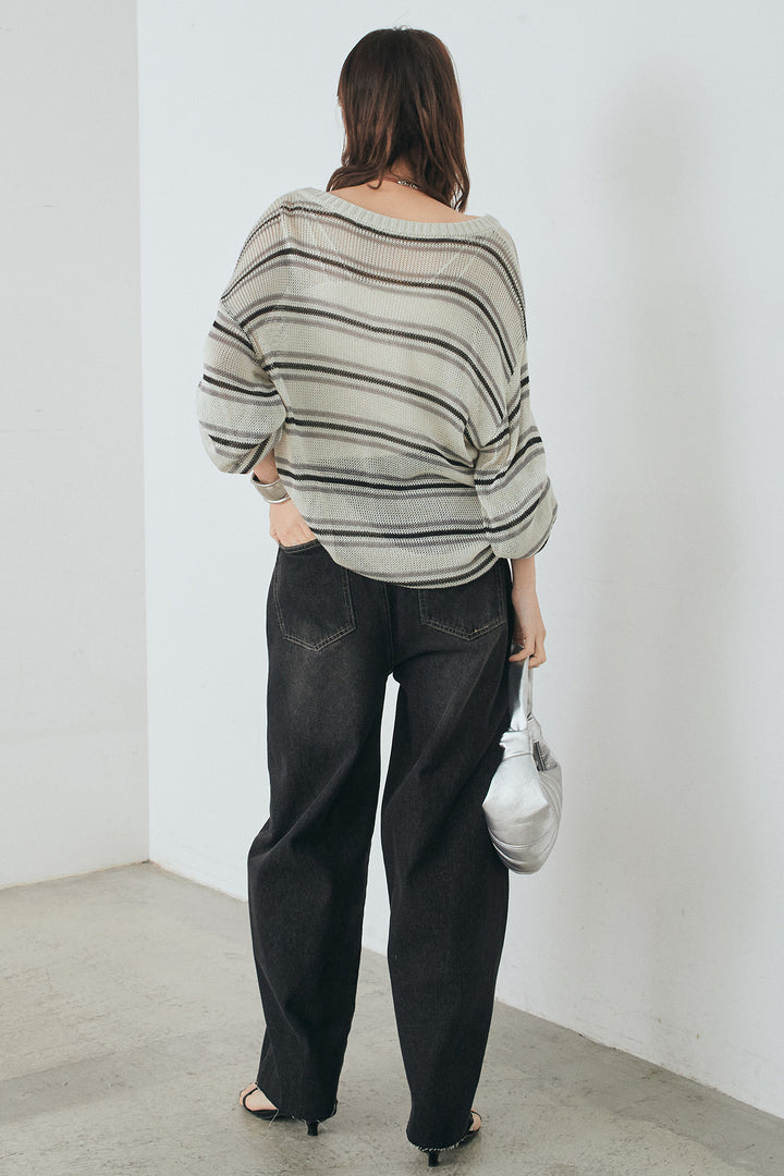 [SET]綿タッチVネックボーダートップス+デニムヨークパンツ(2set)