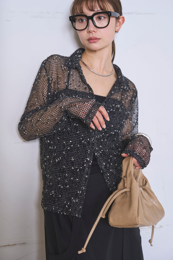 [SET]ネップメッシュポロ襟カーディガン+ラップレイヤードアシンメトリーデザインスカート(2set)