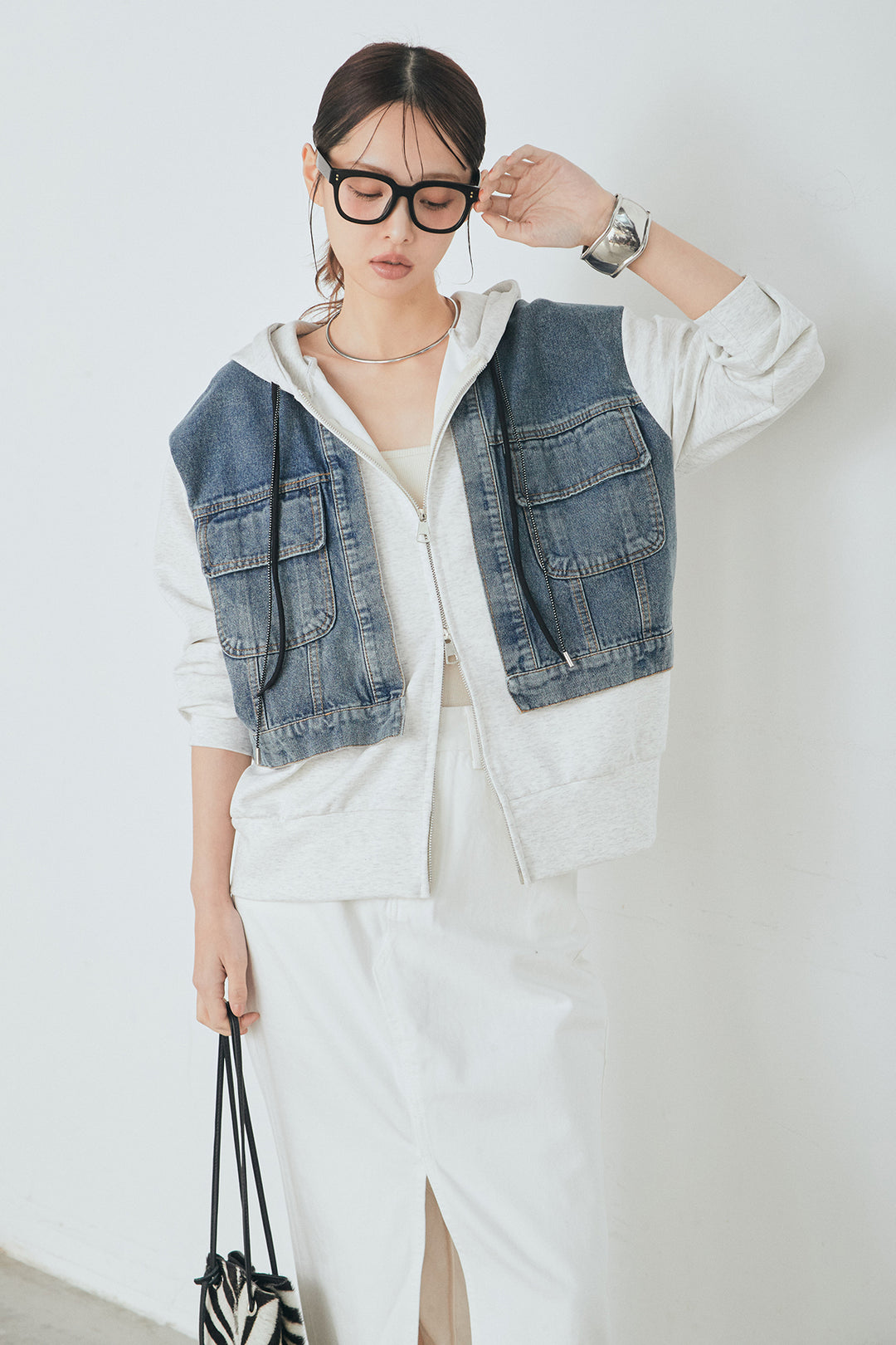 [SET]デニム切替ポンチダブルジップパーカー+裾レースデザインデニムスカート(2set)