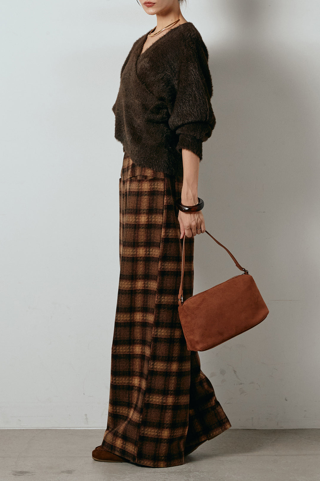 [SET]シャギーカシュクールニットトップス+ルーズタータンチェックワイドパンツ(2set)