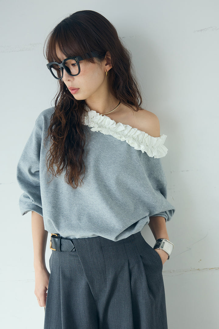 [SET]ネックギャザーフリルスウェット+サイドベルトタック入りスラックス(2set)