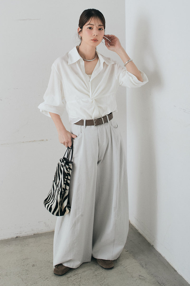 [SET]裾巻きツイストデザインシャツ+ベルト付きサイドタックワイドパンツ(2set)