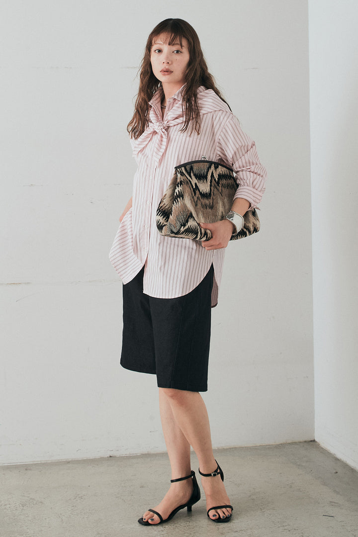 [SET]ランダムストライプスカーフ付きシャツ+デニムハーフパンツ(2set)