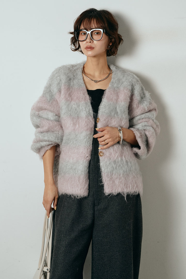 [SET]シャギーボーダー柄ニットカーディガン+ウール混フランネルワイドサロペット(2set)