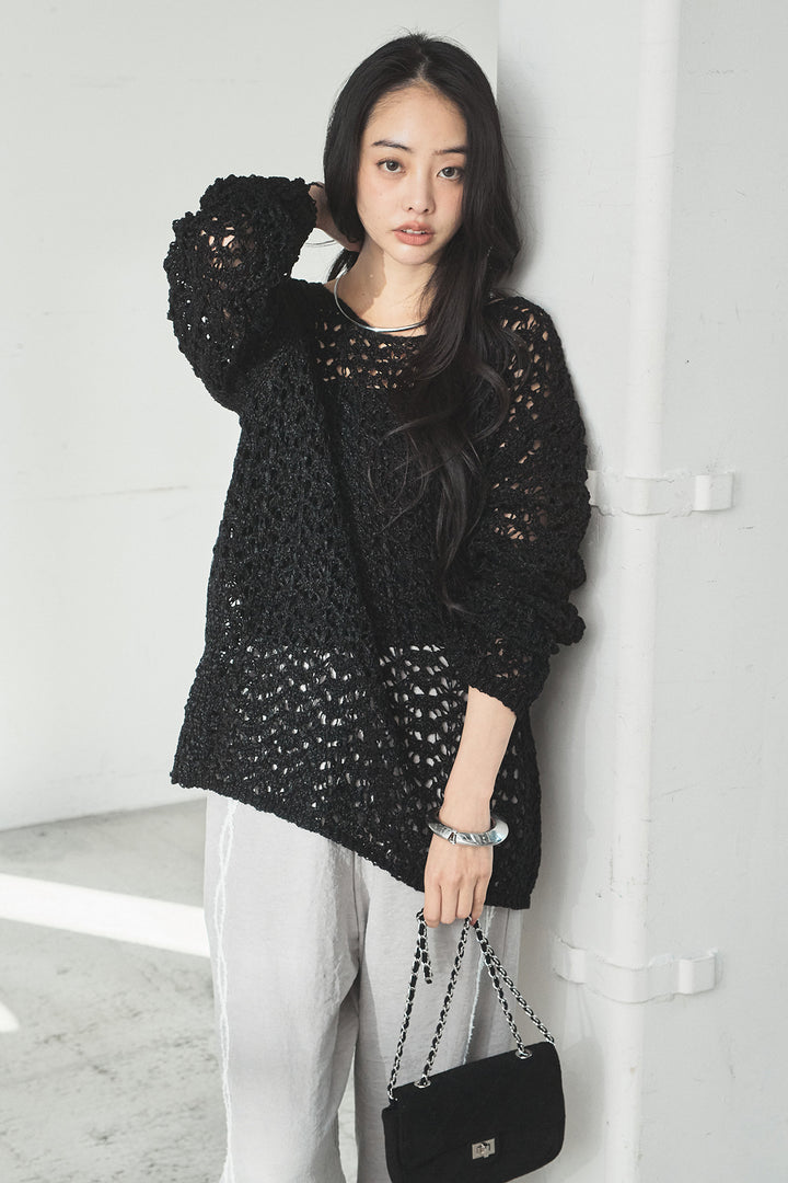 [SET]リラックスメッシュニットトップス+刺繡テープラインパンツ(2set)