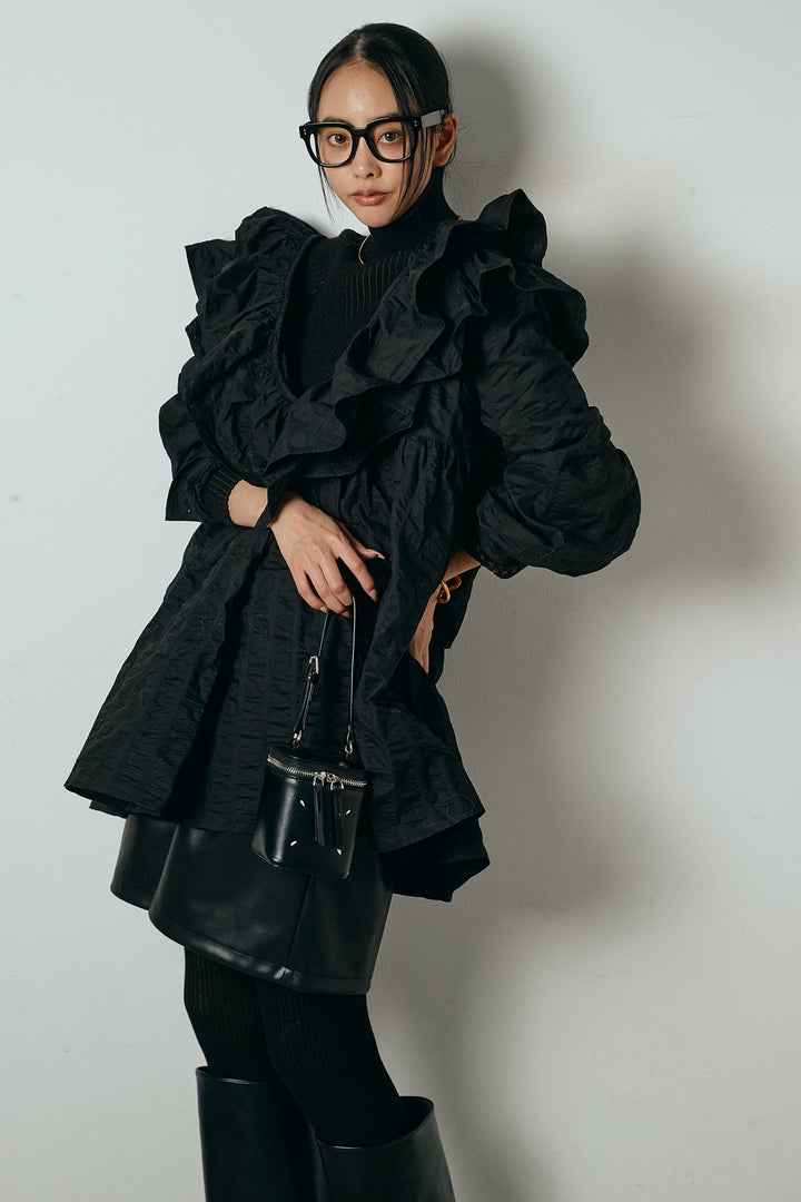 [SET]Vネックフリルカラーブラウス+リブニットシームレスタートルプルオーバー(2set)